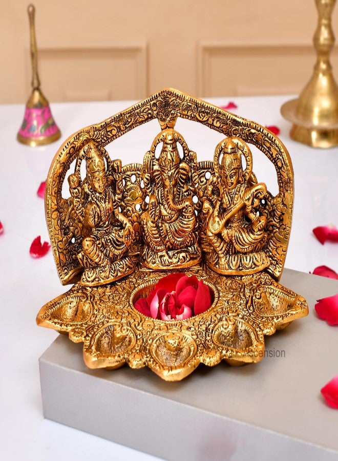 أسينشين تمثال لاكشمي غانيش ساراسواتي من مجموعة أسينشن، مصباح زيتي تقليدي لتزيين معبد ديوالي، تمثال معدني فاخر من لاكشمي غانيشا، قطع ديكور منزلية وهدايا ديوالي (ذهبي) - Image 5